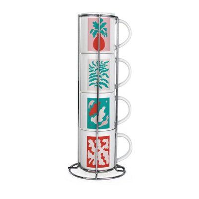Purely Home Abstract Art Stacking Mugs Set - Colourful Plant Themed Gifts - Set Of 4 Ceramic Mugs Gift Set With Metal Stand Green/Red/Pink