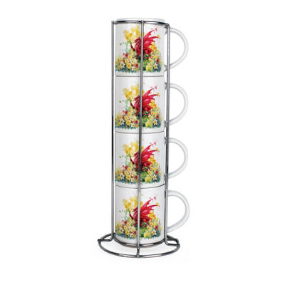Purely Home Welsh Dragon Stacking Mugs SetSpring Daffodils Patriotic Wales Souvenir GiftsSet Of 4 Ceramic Mugs Gift Set With Metal Stand from B&Q