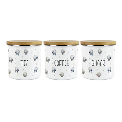 B&Q -  Spring Sheep Tea Coffee & Sugar Storage Canisters Set Of 3Cartoon Farm Animal Kitchen Décor1.2L Enamel Storage Containers - Image 5