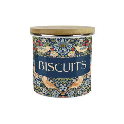 Purely Home Blue Strawberry Thief Small Biscuits Storage CanisterMorris Inspired Tapestry Artwork Floral Enamel Kitchen Container from B&Q