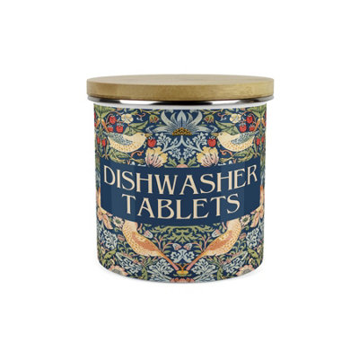 Purely Home Blue Strawberry Thief Dishwasher Tablets Storage CanisterMorris Inspired Tapestry ArtworkEnamel Cleaning Products Container from B&Q
