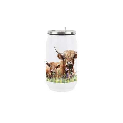 B&Q -  Highland Cow & Calf Drinking Can Flask With Straw