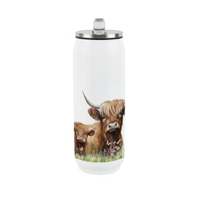 B&Q -  Highland Cow & Calf Large Drinking Can Flask With Straw