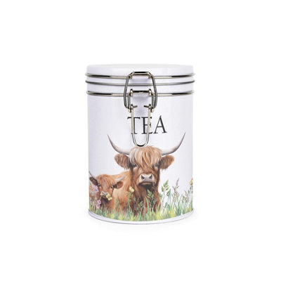 B&Q -  Highland Cow & Calf Tea CanisterFarmyard Animals Themed Décor GiftsWhite Metal Clip Lid Kitchen Food Storage Jar 700Ml