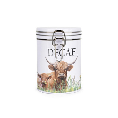 B&Q -  Highland Cow & Calf Decaf CanisterFarmyard Animals Themed Décor GiftsWhite Metal Clip Lid Kitchen Food Storage Jar 700Ml