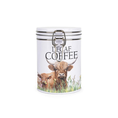 B&Q -  Highland Cow & Calf Decaf Coffee CanisterFarmyard Animals Themed Décor GiftsWhite Metal Clip Lid Kitchen Storage Jar 700Ml