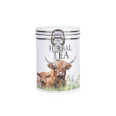 B&Q -  Highland Cow & Calf Herbal Tea CanisterFarmyard Animals Themed Décor GiftsWhite Metal Clip Lid Kitchen Storage Jar 700Ml