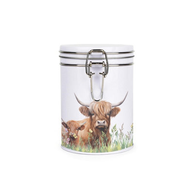 B&Q -  Highland Cow & Calf CanisterFarmyard Animals Themed Décor GiftsWhite Metal Clip Lid Kitchen Food Storage Jar 700Ml