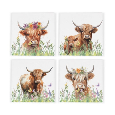 Purely Home Highland Cow & Calf Ceramic Coaster SetCountryside Farm Gifts For Animal LoversSet Of Four (4) Square Drinks Coasters from B&Q