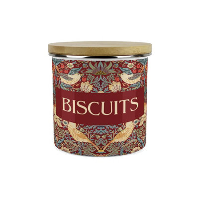 Purely Home Red Strawberry Thief Small Biscuits Storage Canister - Morris Inspired Floral Tapestry Artwork - Enamel Hot Drinks/Food Kitchen Storage Container - Image 4