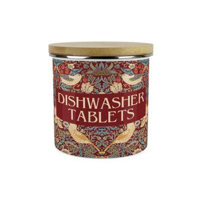 Purely Home Red Strawberry Thief Dishwasher Tablets Storage CanisterMorris Inspired Floral Tapestry Cleaning Products Enamel Container from B&Q