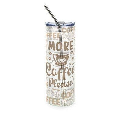 Purely Home More Coffee Please Glass Travel FlaskGifts For Coffee LoversClear Glass Drinks Cup With Lid & Stainless Steel Metal Straw from B&Q