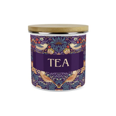 Purely Home Purple Strawberry Thief Tea Storage Canister - Morris Inspired Floral Tapestry Artwork - Enamel Kitchen Storage Container 1.2L