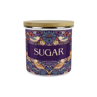 Purely Home Purple Strawberry Thief Sugar Storage CanisterMorris Inspired Floral Tapestry Artwork1.2L Enamel Kitchen Storage Container from B&Q
