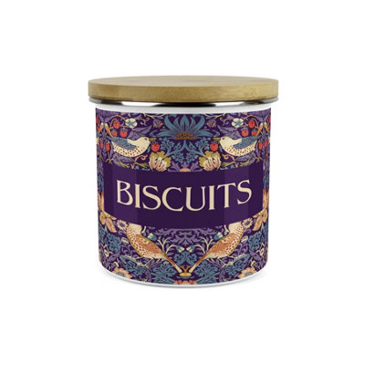 Purely Home Purple Strawberry Thief Small Biscuits Storage CanisterMorris Inspired Floral Tapestry Artwork1.2L Enamel Kitchen Container from B&Q