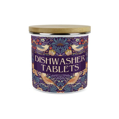 Purely Home Purple Strawberry Thief Dishwasher Tablets Storage CanisterMorris Inspired Floral Tapestry ArtworkHome Cleaning Container from B&Q