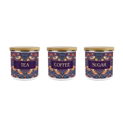 Purely Home Purple Strawberry Thief TeaCoffee & Sugar Storage Canisters SetMorris Inspired Floral ArtworkMedium Enamel Containers from B&Q