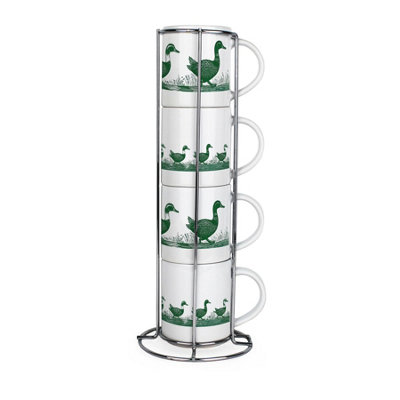 Purely Home Green Ducks Stacking Mugs SetLinocut Gifts For Bird LoversSet Of 4 Ceramic Mugs Gift Set With Metal Stand from B&Q
