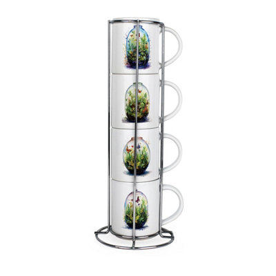 Purely Home Plant Terrariums Stacking Mugs SetButterflies Indoor Plant PresentsSet Of 4 Ceramic Mugs Gift Set With Metal Stand from B&Q