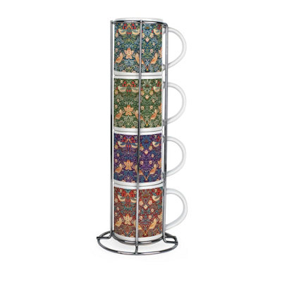 Strawberry Thief Small Stacking Mugs Set - Set of 4 Ceramic Mugs Gift with Stand - Image 3