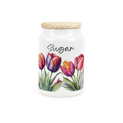 Purely Home Tulips Ceramic Sugar Storage CanisterPink & Purple Floral Gifts For GardenersKitchen Storage Container & Wooden Lid 600Ml from B&Q