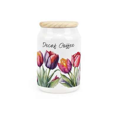 Purely Home Tulips Ceramic Decaf Coffee CanisterPink & Purple Floral Gifts For GardenersKitchen Storage Container & Wooden Lid 600Ml from B&Q