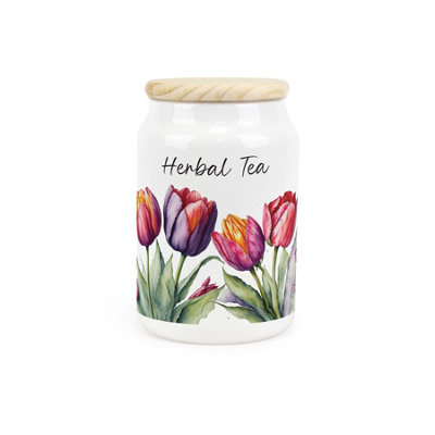Purely Home Tulips Ceramic Herbal Tea CanisterPink & Purple Floral Gifts For GardenersKitchen Storage Container & Wooden Lid 600Ml from B&Q