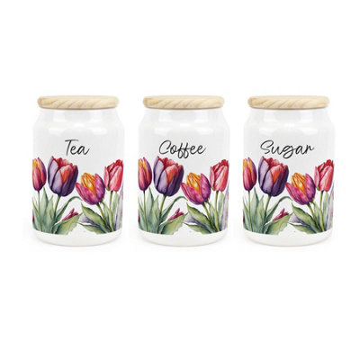 Purely Home Tulips Ceramic Tea Coffee Sugar CanistersPink & Purple Floral Gift For GardenersKitchen Storage Container & Wooden Lid 600Ml from B&Q