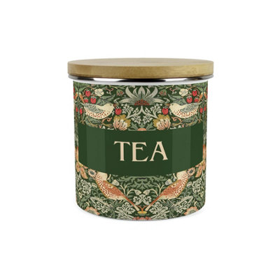 Purely Home Green Strawberry Thief Tea Storage Canister - Morris Inspired Floral Tapestry Artwork - Enamel Kitchen Storage Container 1.2L