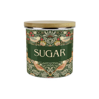 Purely Home Green Strawberry Thief Sugar Storage CanisterMorris Inspired Floral Tapestry Artwork1.2L Enamel Kitchen Storage Container from B&Q