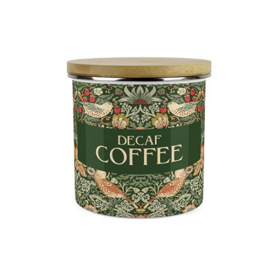 Purely Home Green Strawberry Thief Decaf Coffee Storage Canister - Morris Inspired Floral Tapestry - Enamel Kitchen Storage Container 1.2L