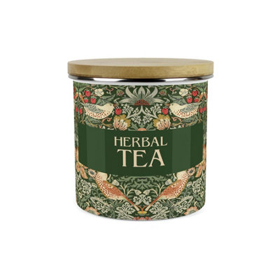 Purely Home Green Strawberry Thief Herbal Tea Storage CanisterMorris Inspired Floral Tapestry 1.2L Enamel Kitchen Storage Container from B&Q