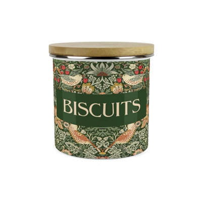 Purely Home Green Strawberry Thief Small Biscuits Storage CanisterFloral Tapestry Artwork1.2L Enamel Kitchen Storage Container from B&Q