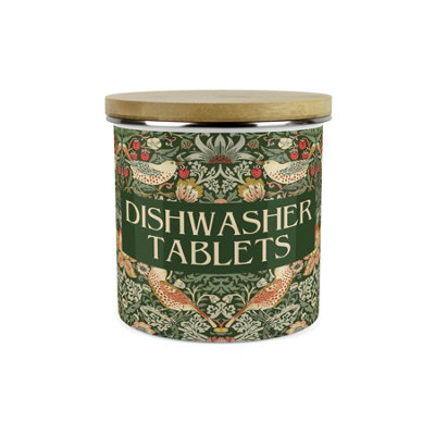 Purely Home Green Strawberry Thief Dishwasher Tablets Storage CanisterFloral Tapestry Artwork1.2L Cleaning Products Container from B&Q