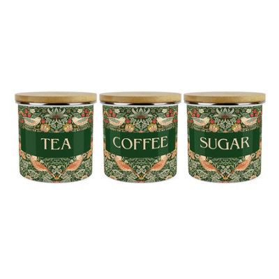 Purely Home Green Strawberry Thief TeaCoffee & Sugar Storage Canisters Set Of 3Morris Inspired Floral Tapestry1.2L Enamel Containers from B&Q