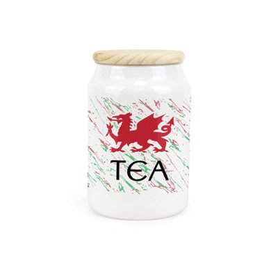 Purely Home Welsh Dragon Ceramic Tea CanisterGreen & Red Wales Kitchen Gift Storage Container & Wooden Lid 600Ml (14.5Cm X 9.5Cm) from B&Q