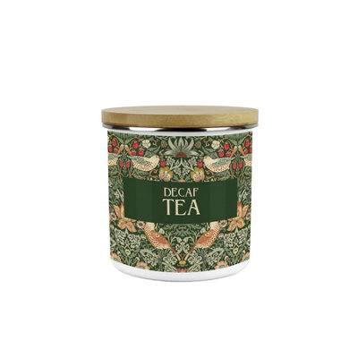 B&Q -  Green Strawberry Thief Decaf Tea CanisterMorris Inspired Floral Tapestry ArtworkEnamel Kitchen Medium Storage Container