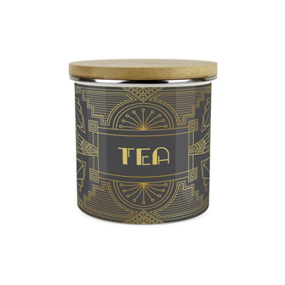 Purely Home Gold Vintage Glamour Tea Storage Canister - Retro Art Deco Hollywood Interiors - & Charcoal Enamel Kitchen Storage Container 1.2L