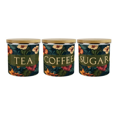 Purely Home Dark Hibiscus TeaCoffee & Sugar Storage Canisters Set Of 3Flowers & Foliage GiftsFull Colour Floral 1.2L Enamel Containers from B&Q