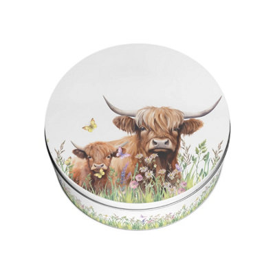 Purely Home Highland Cow & Calf Small Cake TinCountryside Farm Homeware Gifts Round Metal Storage Container For Baking 18 X 7Cm from B&Q