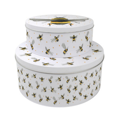 Purely Home Flying Bumblebees Set Of 2 Cake Tins - Nesting Round & Metal Storage Containers For Cakes And Baking - Homeware Gifts Medium