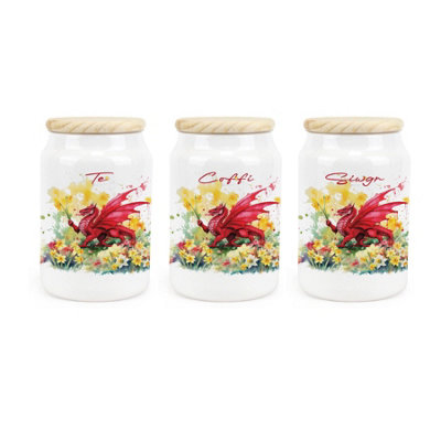 Purely Home Daffodils & Dragon Welsh Ceramic Te Coffi Siwgr CanistersFloral Wales GiftsTea Coffee Sugar Containers & Wooden Lids 600Ml from B&Q