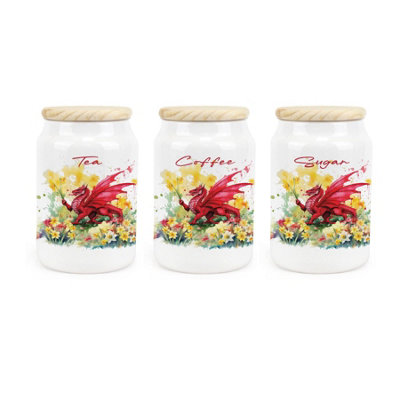 Purely Home Daffodils & Dragon Welsh Tea Coffee Sugar CanistersFloral Wales GiftCeramic Storage Containers & Wooden Lids 600Ml from B&Q
