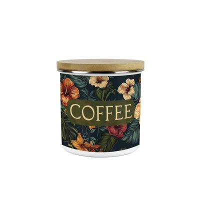 B&Q -  Dark Hibiscus Coffee CanisterFull Colour Floral Homewares GiftsFlowers & Foliage Medium Metal Enamel Storage Container 600Ml