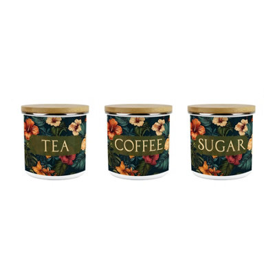 B&Q -  Dark Hibiscus TeaCoffee & Sugar Storage Canisters SetFlowers & Foliage GiftMedium Enamel Kitchen Containers Set Of 3