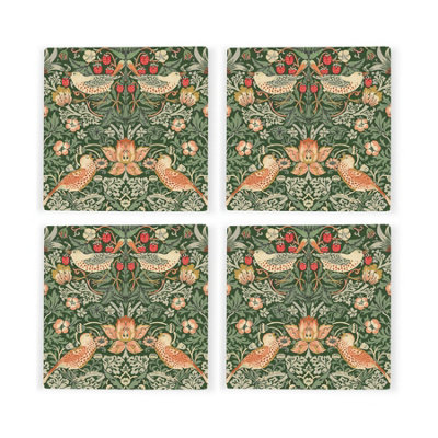 Green Strawberry Thief Ceramic Coaster Set - William Morris Artwork Gifts - Square Set of Four (4) Coasters - Image 4