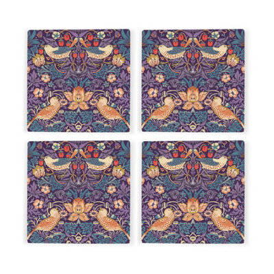 B&Q -  Purple Strawberry Thief Ceramic Coaster SetWilliam Morris Artwork GiftsSquare Set Of Four (4) Coasters
