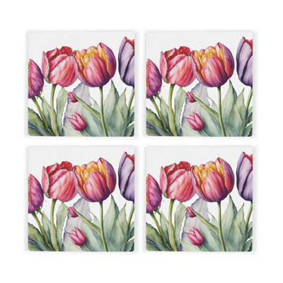 Purely Home Tulips Ceramic Coaster SetPink & Purple Floral Gifts For HerSquare Set Of Four (4) Coasters from B&Q