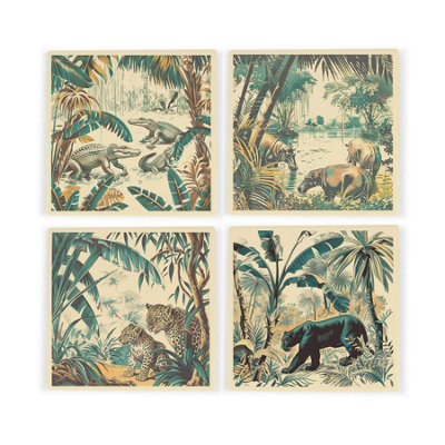 Purely Home Vintage Jungle Ceramic Coaster SetExotic Safari Crocodile Hippo Panther Leopard Square Set Of Four (4) Coasters Gift from B&Q