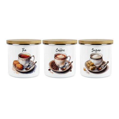 B&Q -  Shabby Chic Cup & Saucer TeaCoffee & Sugar Canisters SetAntique Drinkware Gifts1.2L Enamel Storage Containers Set Of 3